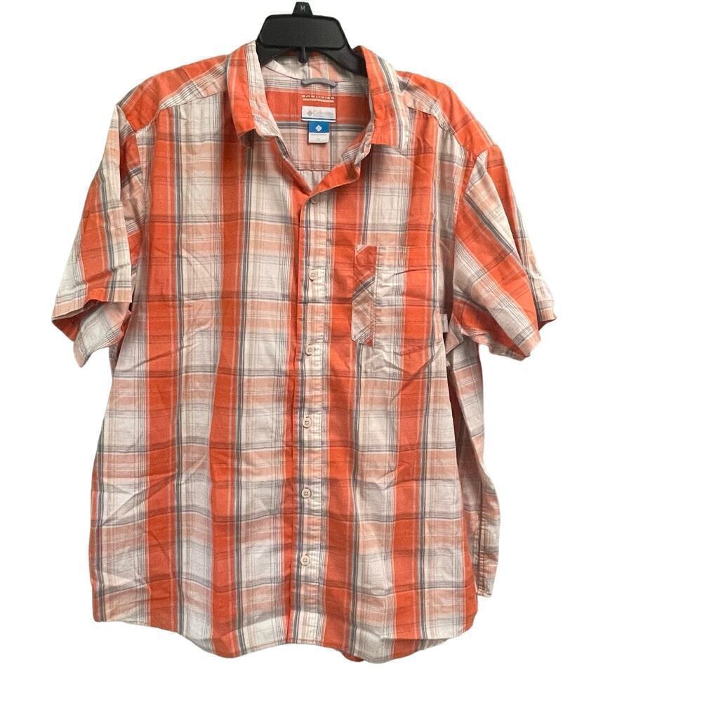 Columbia Mens Short Sleeve Button Down Shirt Size XL Orange Gray Plaid Omni Wick